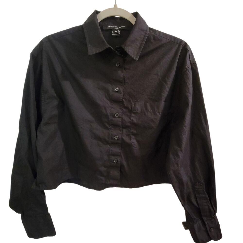French Connection Black Cropped Button Down Shirt XS Workwear Boxy Top